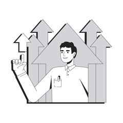 Personal growth line conceptual illustration. Worker efficiency increase, employee. Businessman pointing up with upward arrows 2D outline character isolated. Linear drawing grayscale vector