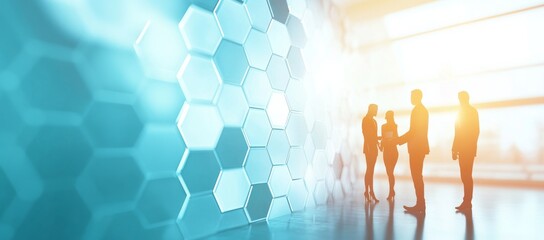 A group of people are standing in a room with a blue background