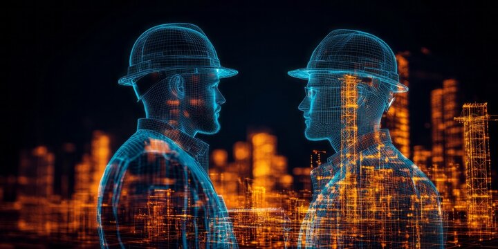 Two virtual construction workers face each other in cityscape