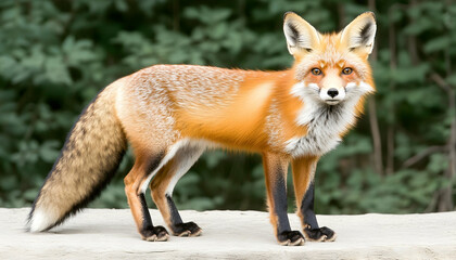 Fototapeta premium Red fox standing alertly, full body view, against blurred green foliage
