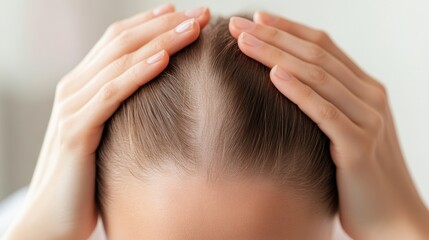 Fototapeta premium Woman experiencing hair loss while holding her head in a bright, serene indoor environment