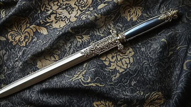 Ornate dagger resting on an elegant patterned fabric, showcasing intricate details and craftsmanship