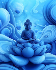 Serene Buddha statue meditating on a blue lotus flower amidst swirling, abstract clouds