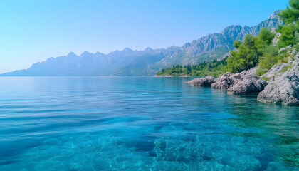 Serene coastal scene with crystal-clear turquoise water, rocky shoreline, and majestic mountain backdrop under a clear blue sky