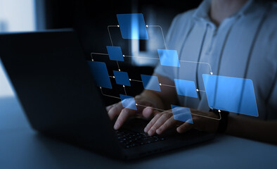 Digital technology of business process and workflow automation with flowchart and processing...