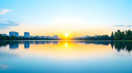 Fototapeta premium Serene sunset over calm lake reflecting cityscape