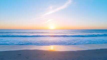 Fototapeta premium Serene sunset over calm ocean waves on a sandy beach