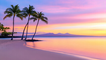 Fototapeta premium Serene sunset over tropical beach with three palm trees