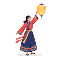 Obraz premium Woman in traditional dress holding lantern, flat design, colorful vector art