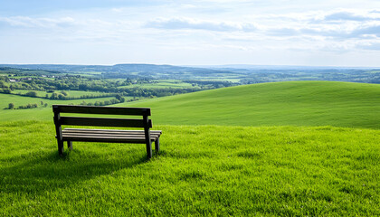 Serene wooden bench overlooking a verdant rolling hillside under a bright sky