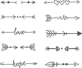 Arrow design. Gold text dividers doodle set. Wedding decorative elements. Divider ornament, borders, floral, vintage line separator. Set page dividers.