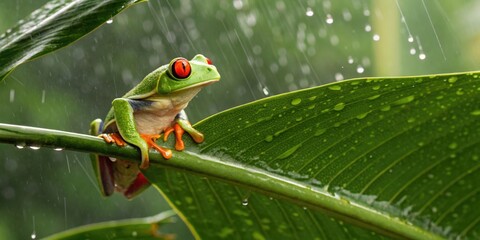 Vibrant red-eyed tree frog clinging to rain-drenched leaf in lush rainforest nature photography macro perspective tropical environment