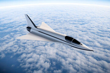 Fototapeta premium Sleek, futuristic aircraft soaring above a fluffy cloud layer
