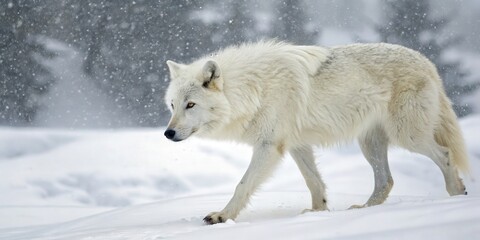 Obraz premium White arctic wolf navigating a snowstorm in the arctic wilderness stunning wildlife photography capturing nature's beauty