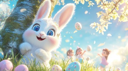 Adorable Easter Bunny watching children hunt for colorful Easter eggs in a sunlit springtime garden scene