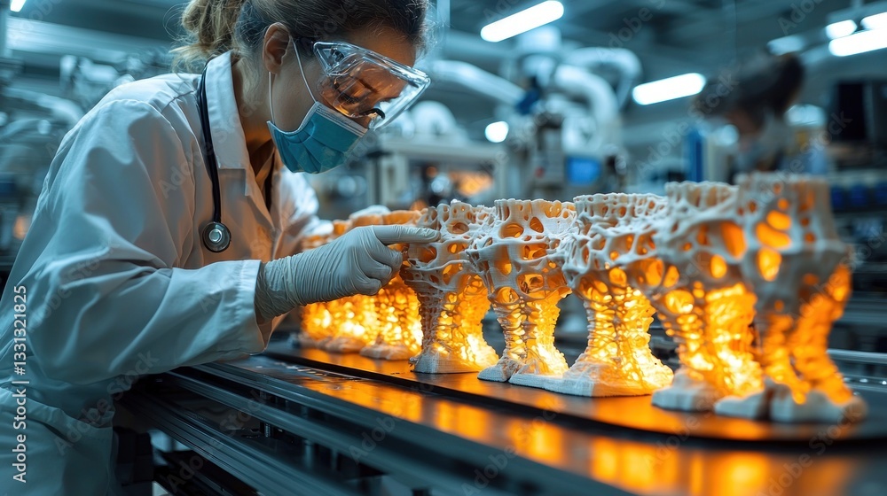 Poster scientist inspecting 3d printed bone models on a conveyor belt in a modern lab.
