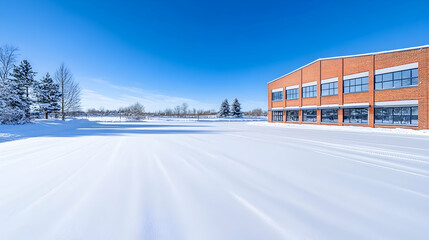 Fototapeta premium Snow-covered expanse before a brick building under a clear blue sky