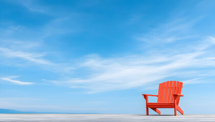 Solitary orange Adirondack chair on a deck overlooking a tranquil ocean under a vibrant blue sky