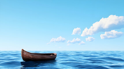 Solitary wooden rowboat floats on calm ocean under a clear blue sky with fluffy clouds