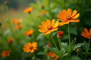 Close-up of orange wildflowers in a diverse ecological setting with various plant species, ecology, plant species, close-up