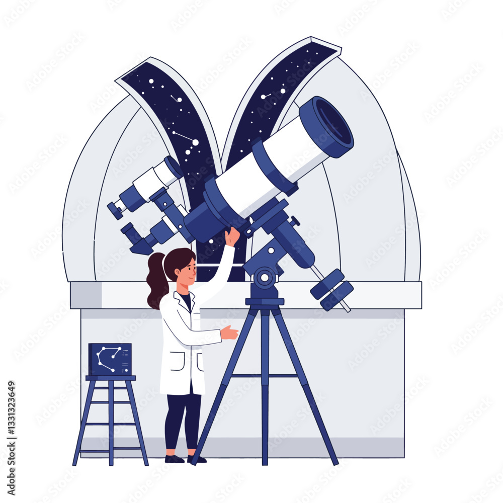 Poster scientist operating telescope in observatory with minimalistic flat design vector art