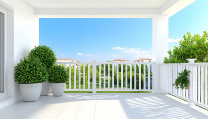 Sunlit white balcony with potted plants, overlooking a verdant landscape