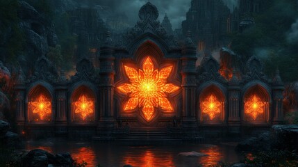 Mystical stone facade with glowing star windows