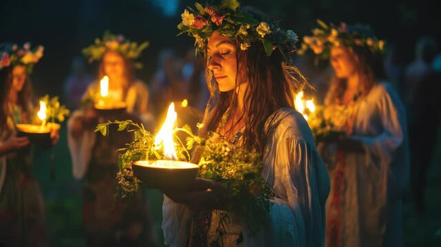 Beltane Enchanting summer solstice celebration with women holding candlelit bowls in nature