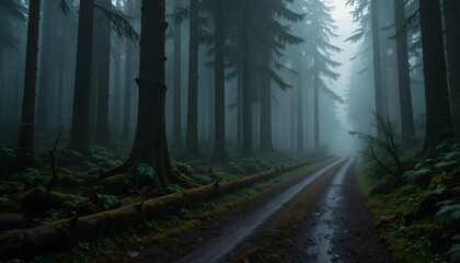 Naklejka premium Misty Forest Pathway with Towering Trees and Lush Greenery