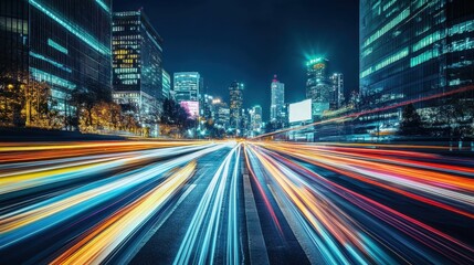 Fototapeta premium Night cityscape with vibrant light trails. Illustrates fast-paced urban life and modern technology.