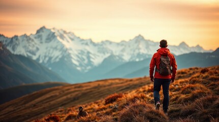 Fototapeta premium A lone hiker stands on a grassy ridge