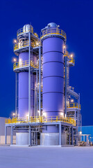 Fototapeta premium Two large industrial silos at night, illuminated, with intricate piping and safety railings