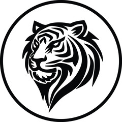 Black and white tiger logo in a circle. Strong, minimalist design perfect for sports, security, and gaming brands. Vector illustration with bold lines