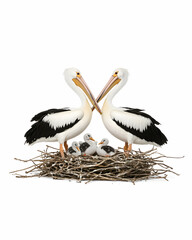 Two pelicans and their chicks in a nest