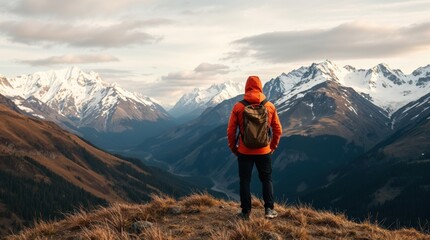 Fototapeta premium A lone hiker stands on a grassy ridge
