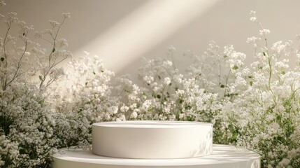 Elegant White Cylinder Display Stand Surrounded by Delicate White Flowers in Soft Sunlight