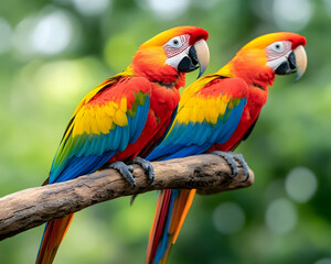 Obraz premium Two vibrant macaws perched on a branch, showcasing their colorful plumage against a blurred green background