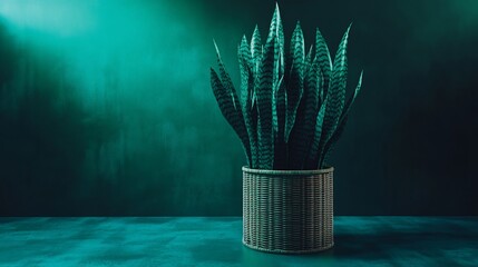 Snake plant in a woven basket against a teal backdrop