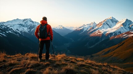Fototapeta premium A lone hiker stands on a grassy ridge