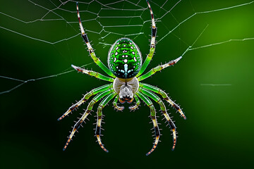 Vibrant green spider on intricate web against dark green background