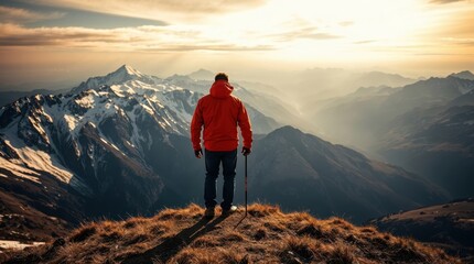 Obraz premium A lone hiker stands on a grassy ridge