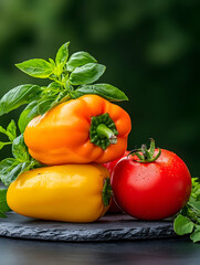 Vibrant orange and yellow bell peppers, ripe red tomato, fresh basil on dark slate