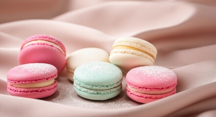 Obraz premium Colorful macarons on pink fabric background, sprinkled with powdered sugar