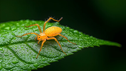 Naklejka premium Vibrant orange spider on dew-kissed green leaf