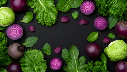 Vibrant purple and green vegetables arranged on dark background, creating a frame