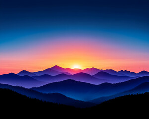 Fototapeta premium Vibrant sunset over silhouetted mountain range