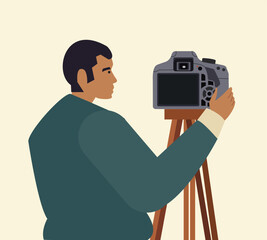 Photographer with camera, man taking picture, shooting, Vector illustration