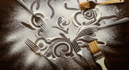 Creative flour art on wooden table with utensils in artistic arrangement
