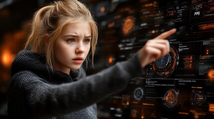 Young woman interacts with futuristic holographic interface.