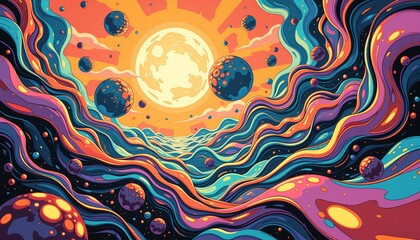 vibrant cosmic landscape with sunset, colorful nebulae, and abstract elements